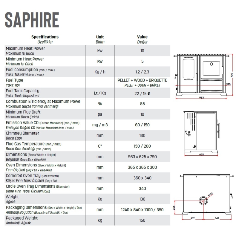 STOVE PELLET AND WOOD STOVE-SAFIR 10 KW (STOVE)