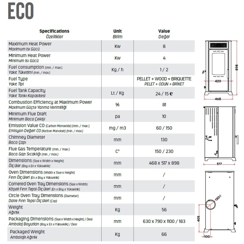 STOVE PELLET AND WOOD STOVE-ECO 8 KW